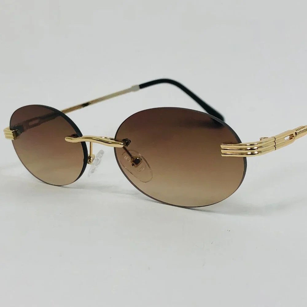 Men Sunglasses Small Brown Lens Oval‎ Gold Frame Street Wear Light Weight Lentes